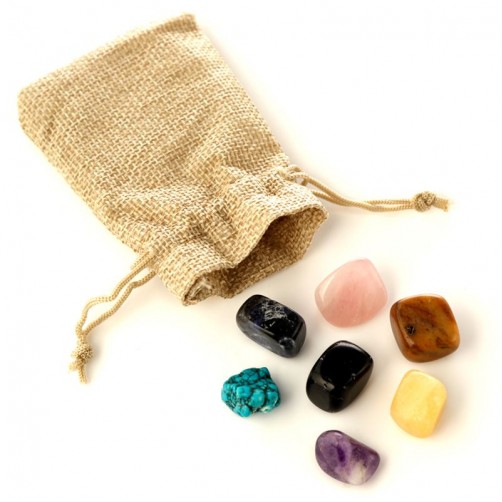 Čakra kamni, sedem kristalov v vrečki iz jute             