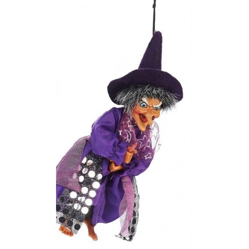 Čarovnica, ki leti  na metli, vijoličasta  20 cm