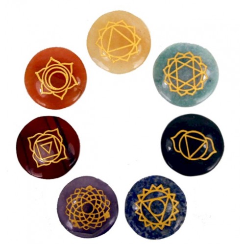 Čakra kristali, okrogli, z vgraviranimi simboli v ezoterični vrečki