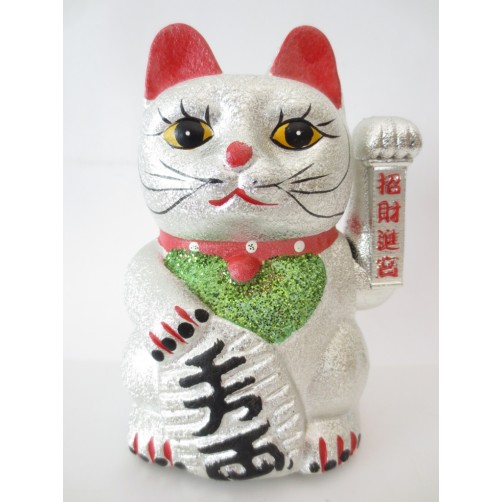 Feng Shui Mahajoča srečna mačka silver  18 x 13 cm