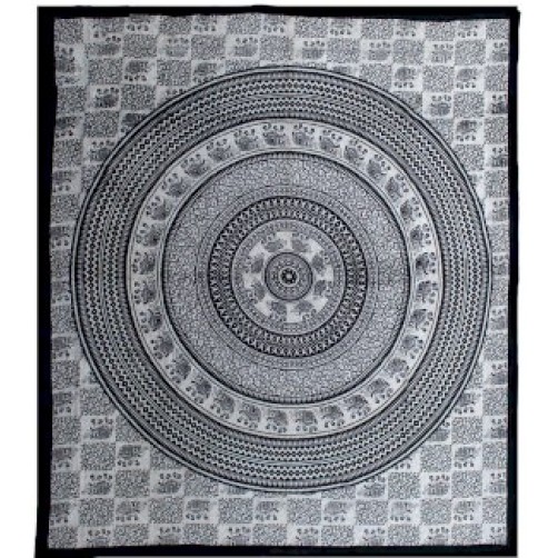 Pregrinjalo iz indijskega bombaža, črnobelo, Mandala, 230 x 200 cm