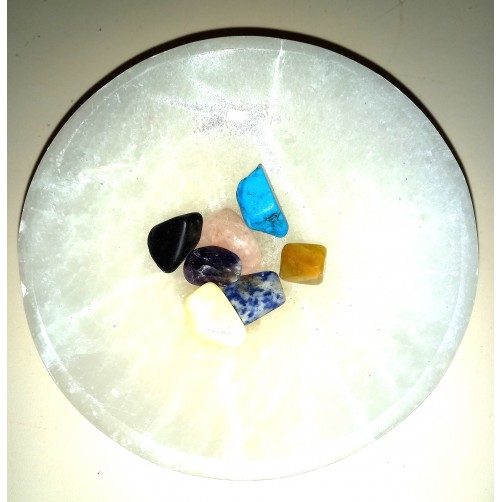 Selenit obredna skleda za čiščenje kristalov s 7 čakra kristali, 15 cm