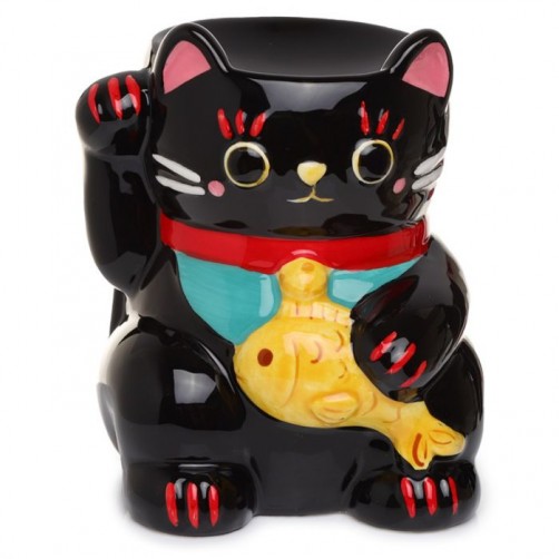 Svečnik za dišavna olja Maneki Neko, srečna mačka, črna