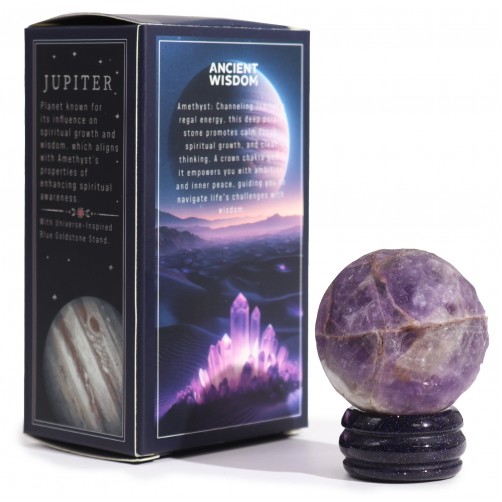 Jupiter, krogla iz ametista na stojalu iz blue sandstone, 4 cm