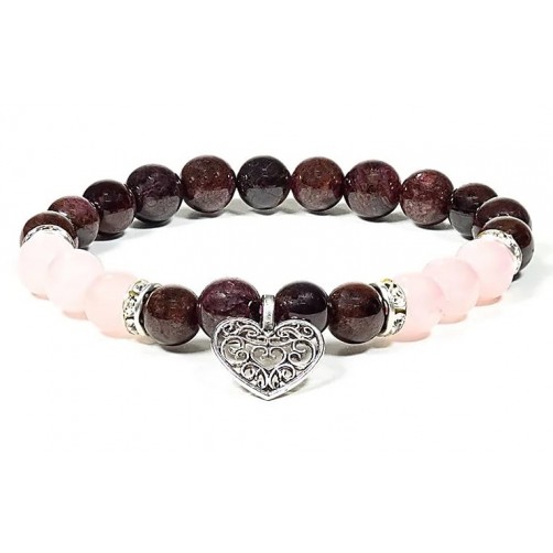 Granat in roževec, zapestnica z obeskom, srce, 8 mm