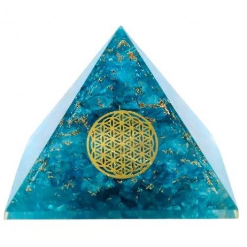 Orgonit piramida, modri topaz z rožo življenja, 4 x 4 cm