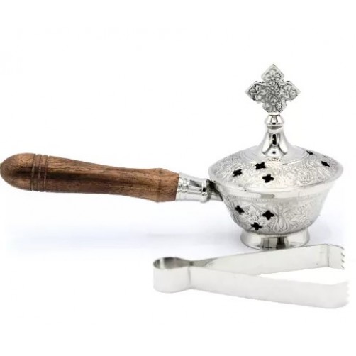 Posodica za kadilo z lesenim ročajem, silver, križec