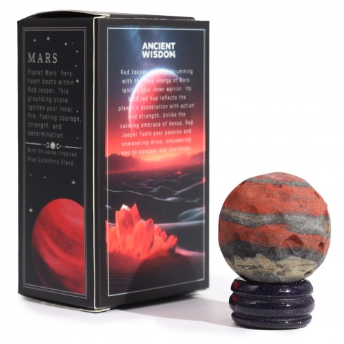 Mars, krogla iz rdečega jaspisa na stojalu iz blue sandstone, 4 cm