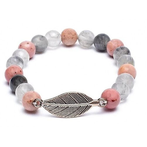 Rodonit s sivim kremenom, zapestnica s peresom, 8 mm