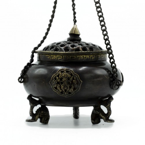 Tibetanska medeninasta kadilnica - okrogla viseča posoda s štirimi simboli